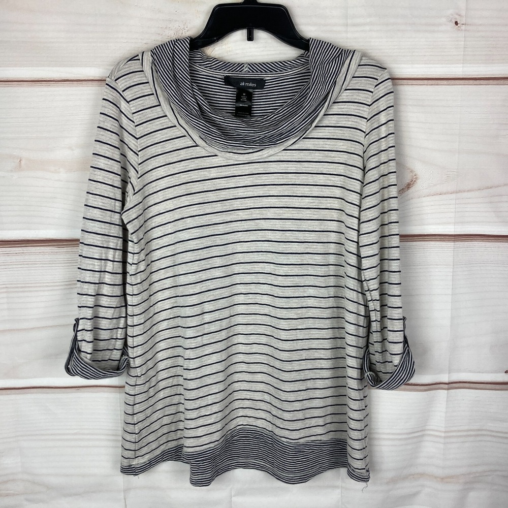Ali Miles Top Womens Medium Beige Blue Striped Cowl Neck‎ Rayon Knit Tab Sleeve